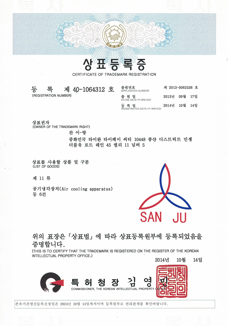 sanju韓國商標(biāo)注冊(cè)證書